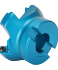 Front view of blue aluminum alloy CNC face milling cutter with four flutes and central bore.