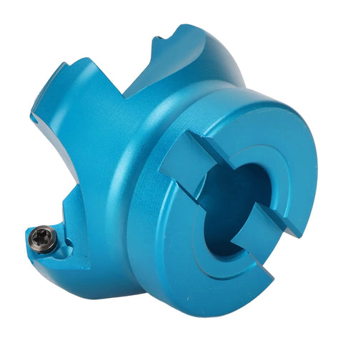Front view of blue aluminum alloy CNC face milling cutter with four flutes and central bore.