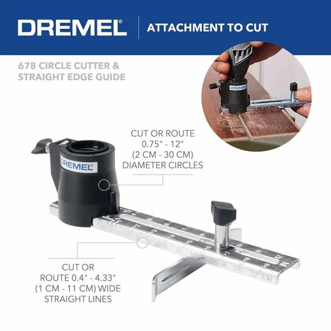 Close-up of Pro Grade Variable Speed Rotary Tool Kit with circle cutter attachment for precise cutting on wood surface.