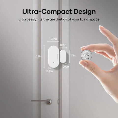 Four Pack Zigbee Door Sensor Mini Smart Contact Alarm For Home Automation And Kid Safety Works With Alexa Smartthings Home Assistant Plug And Play Zero Drama, showing size comparison with a quarter.