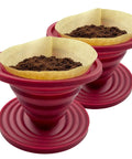 Collapsible Pour Over Coffee Dripper For Camping 2 Pack Red with paper filters and coffee grounds, silicone design.
