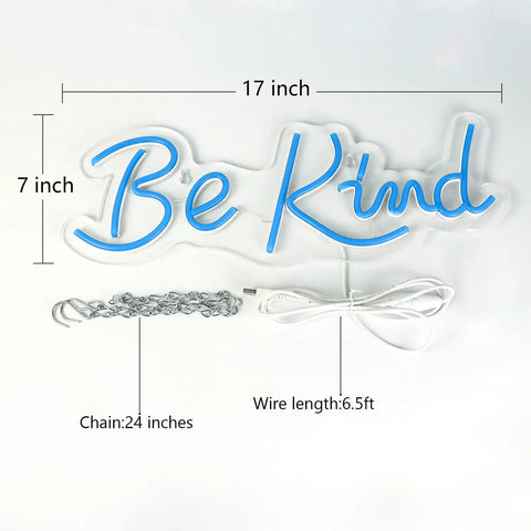 Be Kind LED neon sign in blue with dimensions, USB power cord, and hanging chain, 17x7 inches, suitable for decor.