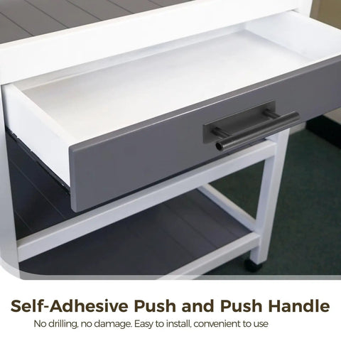 30 Pack Peel And Stick Cabinet Handles For Kitchen, Closet And More 6 Inch Self Adhesive Drawer Pulls Plastic No Drill Install Includes 60 Stickers For A Quick Budget Friendly Home Makeover And Cohesive Look. Black self-adhesive drawer pull on gray cabinet front, 6-inch plastic handle