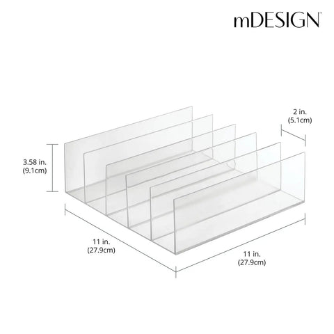 Five-Section Plastic Purse Organizer For Bedroom Closet And Shelf Storage, measures 11 x 11 x 3.58 in, clear plastic side view