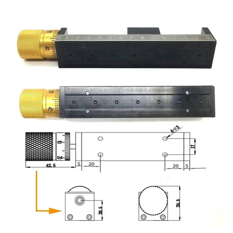 Rock Solid Heavy Duty Linear Actuator Slide Table Featuring Nema11 Stepper Motor 24V DC Drive IP65 Shielding And Quick Install Brackets For Smooth Shop Rigging, showing golden knobs and precise measurement scale.