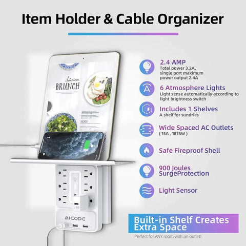 Wall Outlet Shelf With Night Light And 6 AC Outlets, 3 USB Ports, Surge Protector, 9-In-1 Power Hub with removable shelf