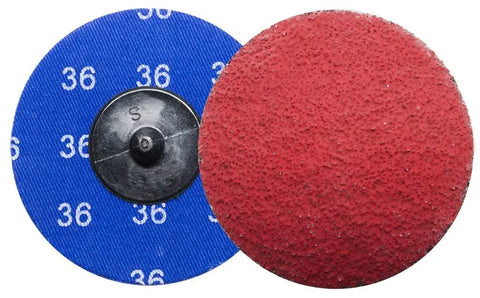 3 Inch Quick Change Ceramic Sanding Discs For Drill And Die Grinder Badass 24 Grit Heavy Duty Ceramic Pads shown in red and blue colors.