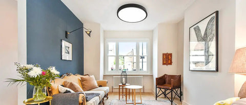 12 Inch Metal Black Sleek LED Flush Mount Ceiling Light, Low Profile Round Fixture With Flat Pane Surface in living room