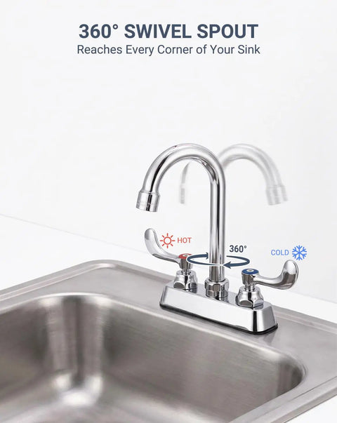 Phivan 4" Deck Mount Brass Kitchen Sink Faucet, 3-1/2" Gooseneck Spout with 360° swivel for versatile sink use.