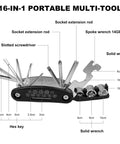 Waterproof Bicycle Seat Bag With Built In Pump And 15 In 1 Tool Kit Portable Bike Repair Bag showing 16-in-1 multi-tool components.