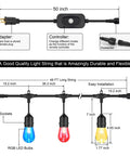 Diagram of 48 Ft Outdoor Patio Lights With Remote Dimmable RGB LED String Lights showing dimensions and features.
