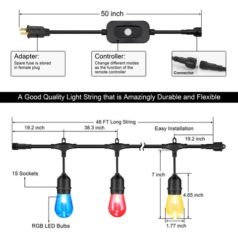 Diagram of 48 Ft Outdoor Patio Lights With Remote Dimmable RGB LED String Lights showing dimensions and features.