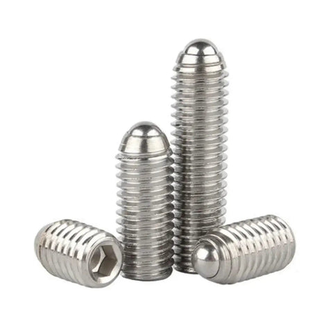 Heavy Duty Ball Drive Spring Plungers and Hex Socket Set Screws Made from Rugged Carbon Steel and Stainless Steel with Rock Solid Grip Top Shelf Metric Threads Pack of Five Quick Swap, silver metallic springs.