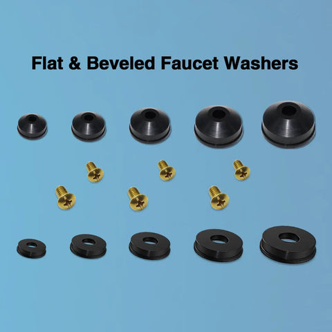 Flat and beveled washers with brass screws from 106 Piece Faucet Washer And Brass Bibb Screws Kit For Quick Open Style Faucets.
