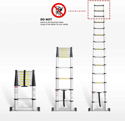 15.5 Foot Aluminum Telescoping Extension Ladder With Stabilizer Bar One Button Retraction Soft Close And Pinch Free 330 Pound Capacity EN131 Certified Ideal For RVs And Home Maintenance, three ladder positions shown