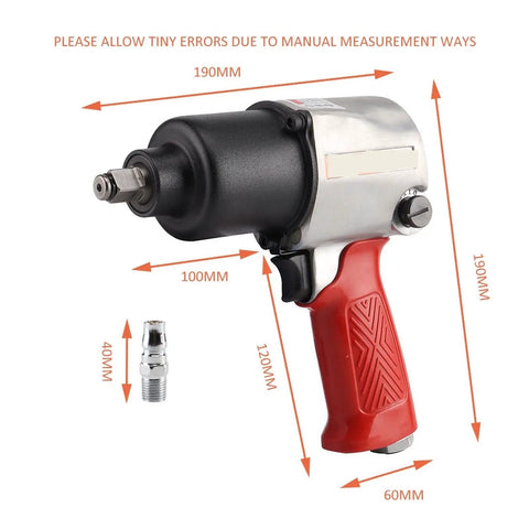 Heavy Duty Twin Hammer Air Impact Wrench Serving Six Eighty Newton Meters Of Serious Nutcracker Torque And A One Half Inch Square Drive with red ergonomic grip.