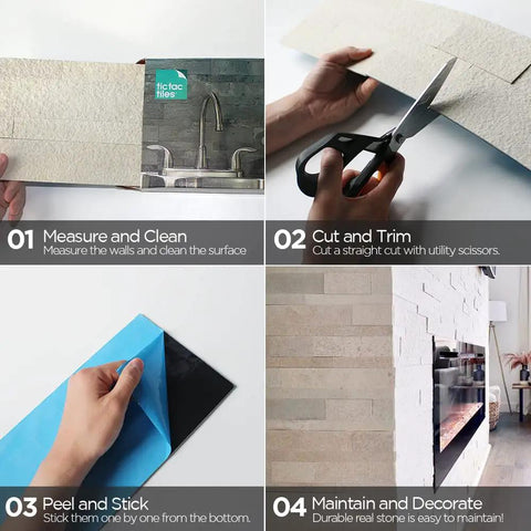 Peel And Stick Self Adhesive Removable 3D Stone Tiles For Kitchen Backsplash And Bathroom 12-Pack Tropical Brown Easy Install No Grout Water Resistant Durable Decor being measured, cut, applied, and displayed on walls.