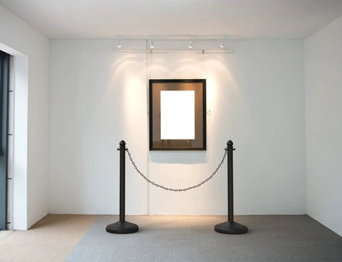 Museum display with two stanchions and a chain, not Yellow Plastic Stanchions 2.5 Inch Diameter 40 Inch Height 6 Pack Crowd Control Barriers