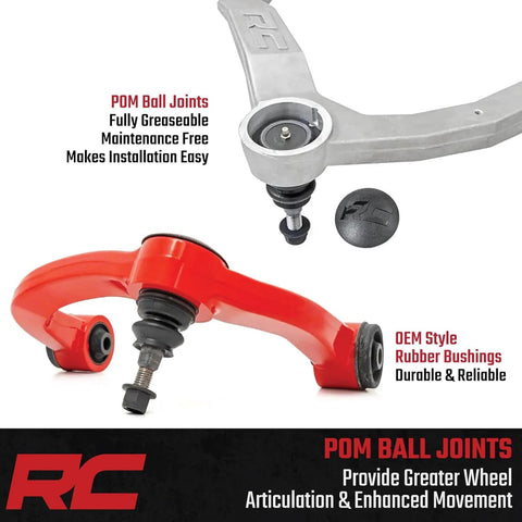 Forged Upper Control Arms For 07 18 Chevy And GMC Trucks And SUVs Aluminum Forged Strength POM Ball Joints For More Motion And Easier Install Corrects Ball Joint Angle For Lifted Rigs Clevite Rubber Bushings Fully Greaseable - product image showing aluminum and red control arms with ball joints and bushings