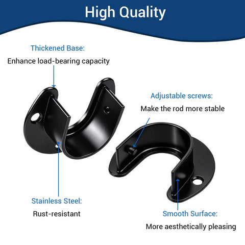 Stainless Steel Closet Rod Holders Set For 1-1/4 Inch Poles, U-Shaped Wall Mount Brackets End Supports, Anti Slip Locking Design, Durable Black Finish, 2 Pack with screws