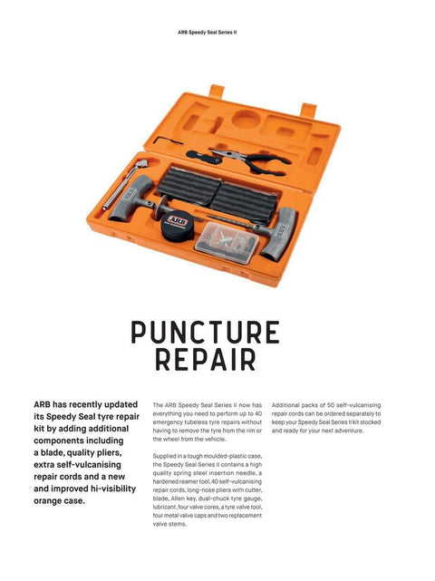 Speedy Seal 2 Universal Heavy Duty Tire Repair Kit with insertion needle, reamer, pliers, and vulcanizing cords in orange case.