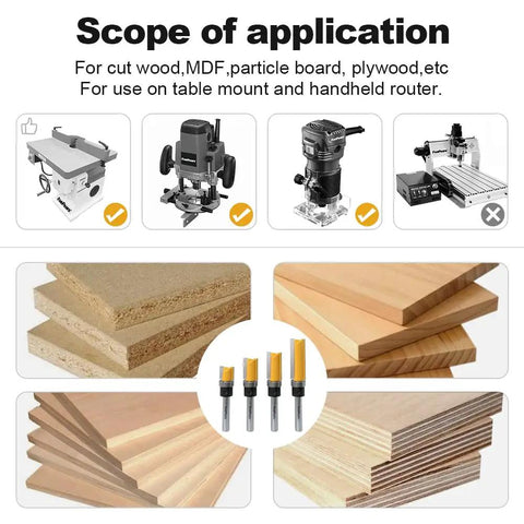 Four Piece Pattern Flush Trim Router Bit Set With One Quarter Inch Shank Top Bearing For Woodworking Durable Carbide Insets