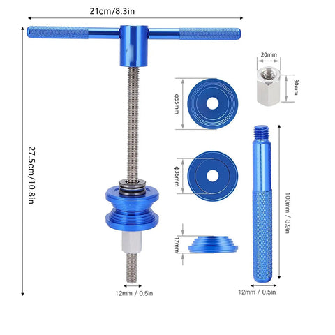 Bottom Bracket Press Tool With CNC Knurling Stainless Steel Build, showing detailed parts measurements for bike repairs