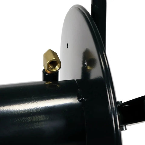 Close-up of the Beefy Heavy Duty Portable Hose Reel For 5000 PSI High Pressure Power Washers And Sewer Jetters, black steel construction