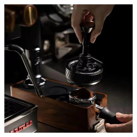 Straight Up 58mm Espresso Distributor Tool For Solid Portafilter Bed Leveling With Heavy Duty Stainless Steel Build is shown in use for precise coffee leveling.