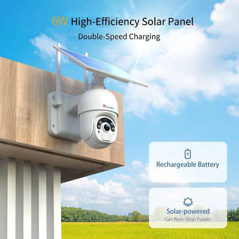 6W Solar Powered Outdoor Security Cam With 2K 3MP Battery mounted on a wall under sunny sky