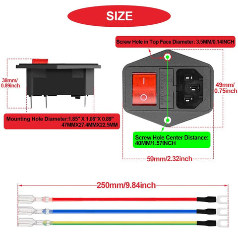Heavy Duty 3 Pin IEC320 C14 Power Inlet Module With Rocker Switch 10A 250V Rating Includes dimensions and extension cords