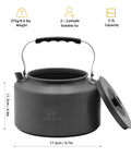 Two Point Two Liter Camping Kettle For Open Flame And Stove Fast Boil Water On The Go Lightweight Tea Pot With Anti Scald Handle And Carry Bag Perfect For Outdoor Hiking Picnics Travel And Quick Hot Drinks, black finish with lid open.