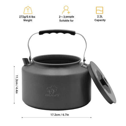 Two Point Two Liter Camping Kettle For Open Flame And Stove Fast Boil Water On The Go Lightweight Tea Pot With Anti Scald Handle And Carry Bag Perfect For Outdoor Hiking Picnics Travel And Quick Hot Drinks, black finish with lid open.