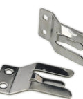 Two stainless steel microphone holder clips for CB radio mic hanger, heavy duty car mount, rust resistant and secure, durable vehicle use.