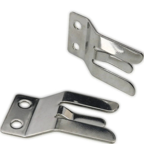 Two stainless steel microphone holder clips for CB radio mic hanger, heavy duty car mount, rust resistant and secure, durable vehicle use.