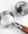 54mm Bottomless Portafilter With Stainless Steel Head And Walnut Handle For Breville machines shown with filter basket