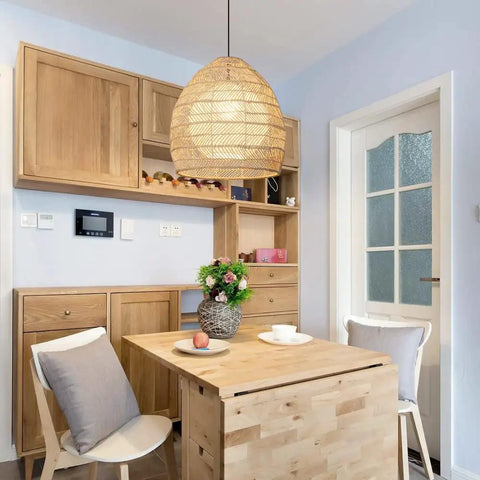 Rattan Wicker Pendant Light Lampshade Basket Ceiling Chandelier Boho Home Decor in kitchen with wooden furniture.
