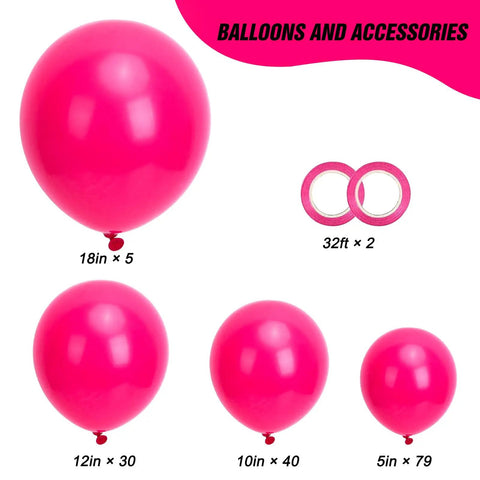 Hot Pink Balloons 154pc Set In 18, 12, 10, And 5 Inch Latex For A Lit Balloon Arch Kit And Garland with ribbons shown