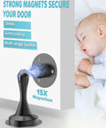 Magnetic Door Stopper 2 Pack Stainless Steel Heavy Duty Door Stops For Bottom Of Door Wall Or Floor Mounting With No Drill Adhesive And Screws Durable Door Holder featured with strong magnets securing door, illustration next to sleeping baby.