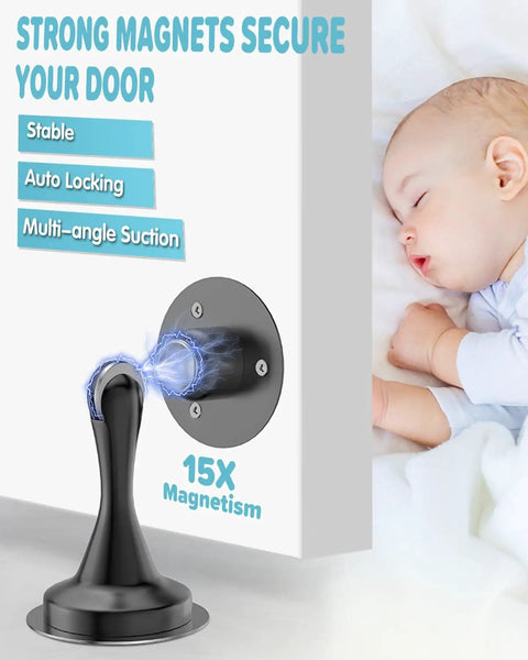 Magnetic Door Stopper 2 Pack Stainless Steel Heavy Duty Door Stops For Bottom Of Door Wall Or Floor Mounting With No Drill Adhesive And Screws Durable Door Holder featured with strong magnets securing door, illustration next to sleeping baby.