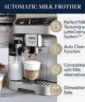 Silver Automatic Espresso Machine With Built In Milk Frother And One Touch Brewing System For Killer Shots And Creamy Lattes And Fresh Iced Coffee Top Shelf Sips No Fuss with milk frother and dual coffee brewing.