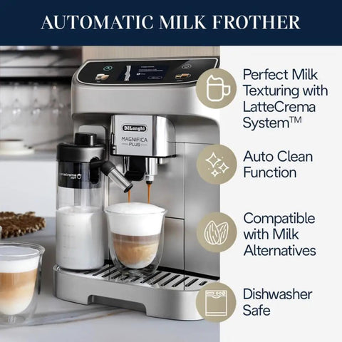 Silver Automatic Espresso Machine With Built In Milk Frother And One Touch Brewing System For Killer Shots And Creamy Lattes And Fresh Iced Coffee Top Shelf Sips No Fuss with milk frother and dual coffee brewing.