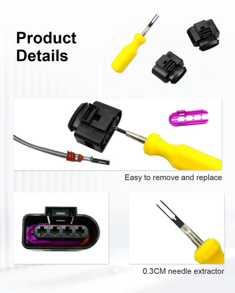 4 Pack Ignition Coil Connector Repair Kit Fits VW Passat Tiguan Beetle Golf Jetta And Audi A3 A4 A5 A6 Q7 TT R8 Harness Plug Replacement 4B0973724 Direct Fit, showing needle extractor and connectors.