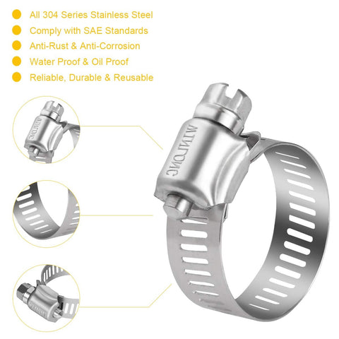 Stainless Steel Hose Clamps 16 Pack Worm Gear Drive SAE 20 Clamp Range Three Quarters To One And Three Quarters Inch Twenty Millimeter To Forty Four Millimeter For Automotive Plumbing 304 Stainless Steel close-up view