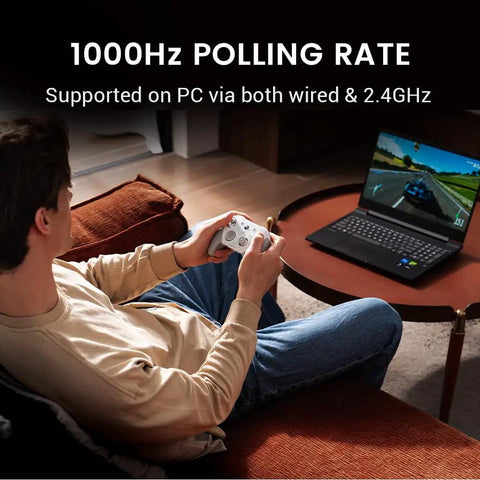 Person using white Wired And Wireless Xbox Controller For Series X S PC And Android With Tri Mode Connectivity, gaming on laptop.