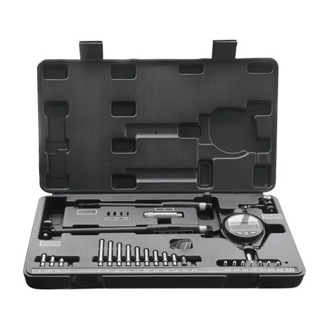 Open-case view of HDLNKAK digital bore gauge set in a black case with LCD dial indicator and 23 anvils