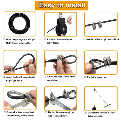 Installation guide for Heavy Duty TPU Coated Gym Replacement Cable 98.4 Ft, showing steps and components for setup.