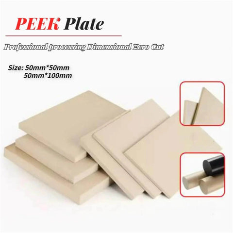 Hard Wearing PEEK Plate Material Engineering Plastic Sheet 50x50mm Or 50x100mm, 3mm To 20mm Thick, stacked for display.