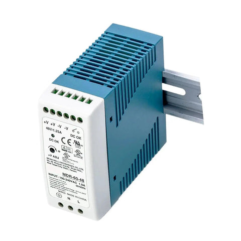 Rugged 60W DIN Rail Power Supply 48V 1.25A With Ultra Wide 85-264VAC Or 120-370VDC Input Class I Div 2 T4 Hazardous Location Certified Industrial Automation Power Solution For Fluctuating Mains, blue TS-35 rail mount