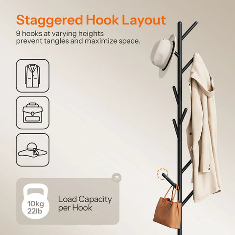 Coat Rack With Nine Hooks Freestanding Metal Hall Tree With Wooden Base For Entryway Space Saving Coat Hanger in use